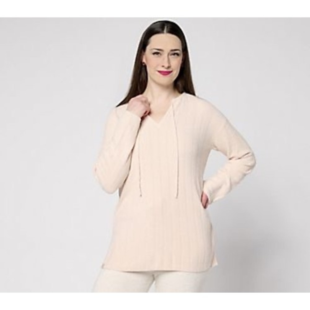 Barefoot Dreams CozyChic Ultra Lite Ribbed Tunic V-Neck Tie Top Pink XL